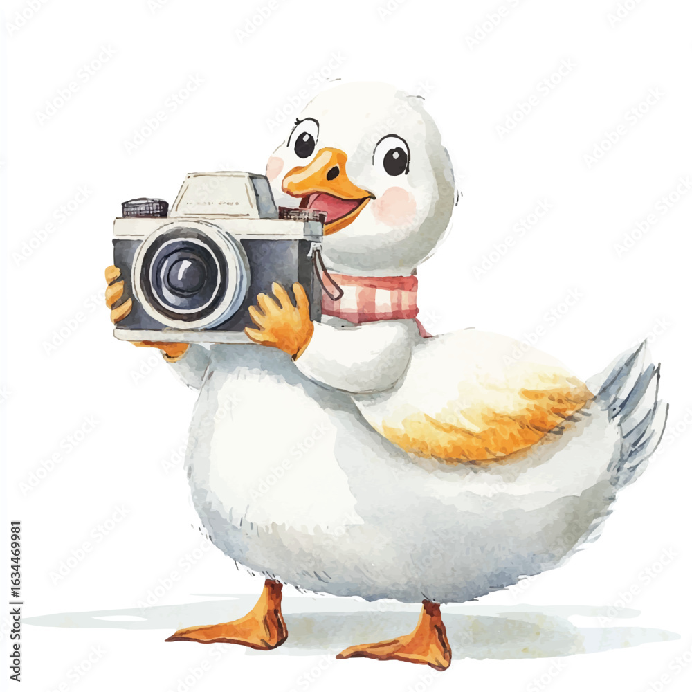 Obraz premium Cartoon Duckling Photographer with Vintage Camera and Plaid Scarf