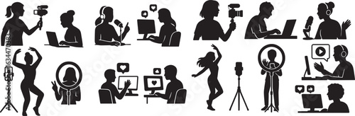Social Media Influencers: Diverse Silhouettes, Blogging, Vlogging, Streaming, Modern Lifestyle.