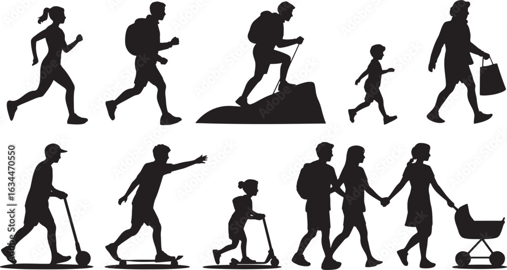 Naklejka premium Silhouette People Walking Running Hiking with Child and Stroller Vector Illustration Isolated