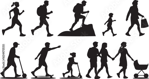 Silhouette People Walking Running Hiking with Child and Stroller Vector Illustration Isolated