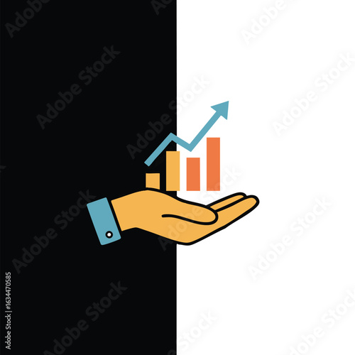 Business growth and financial success concept. A flat line icon showing a hand holding a rising bar graph with an upward trend arrow.