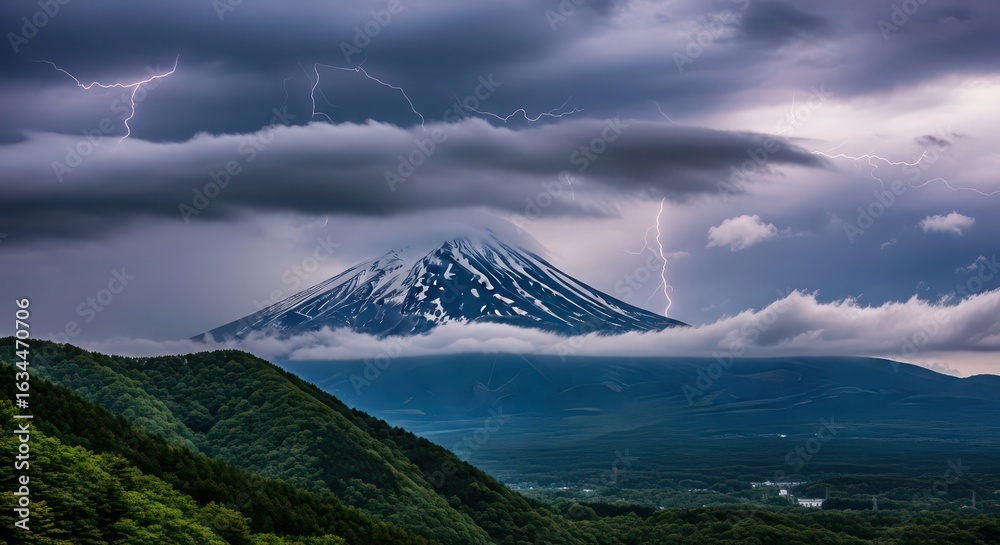 Obraz premium Volcanic Majesty Amidst Electric Fury: Lightning Strikes Over Mount Fuji