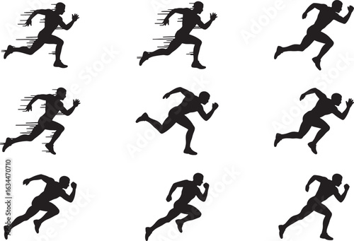 Set of dynamic running man silhouettes illustrating speed and motion