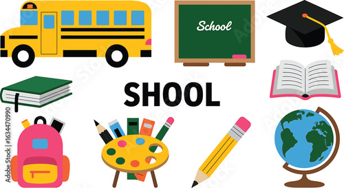 School Education Vector Icons Set Bus Blackboard Graduation Book Backpack Supplies Globe