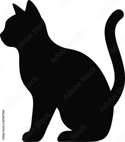 A black cat silhouette sitting gracefully with its tail curled up in a simple yet elegant design on white