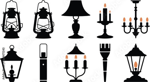 Illumination Vector Icons Set Lantern Lamp Candle Chandelier Light Fixture Lighting