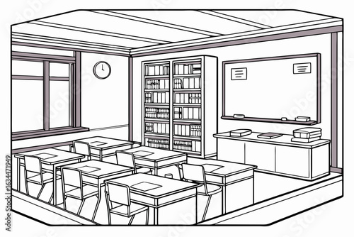 Empty classroom with desks bookshelf and whiteboard