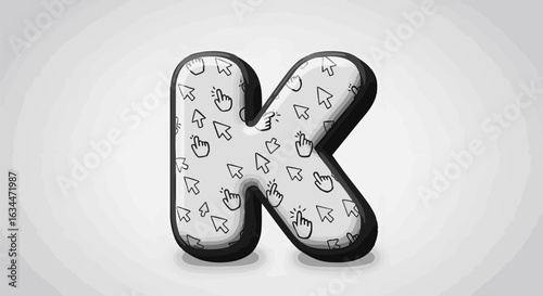 Stylized capital letter K with playful digital cursor pattern. Modern graphic illustration for technology, online content, or education designs.