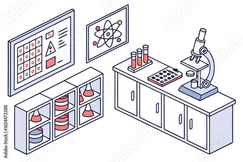 Isometric illustration of a modern science laboratory with equipment and diagrams