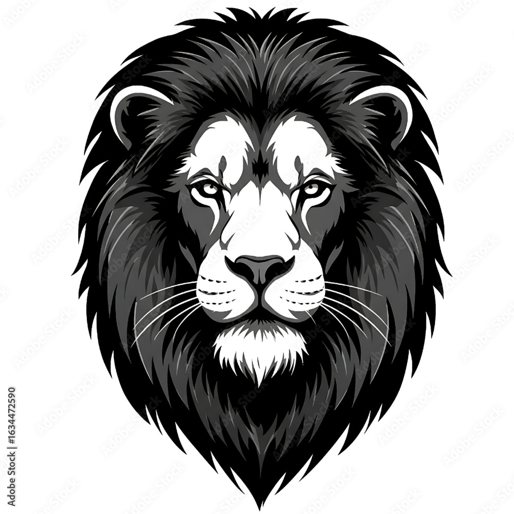 Fototapeta premium Majestic Lion Head Illustration, Fierce Animal Portrait, Black and White Graphic