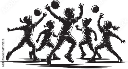 Dynamic Children's Game Silhouette Vector Illustration of Active Kids Playing with Balls on Transparent Backdrop