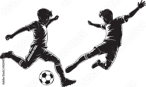 Dynamic Soccer Duel Two Players in Action Striking Ball Monochrome Illustration on Transparent Backdrop