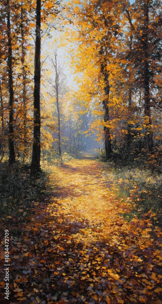 Fototapeta premium Autumnal forest path bathed in golden light (2)
