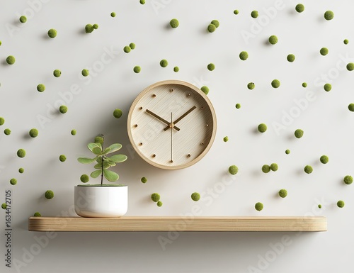 Minimalist wooden shelf with clock and plant.  Small, light-green spheres are scattered across the white wall.  A light-beige, wooden shelf holds a small, light-brown clock and a small potted plant