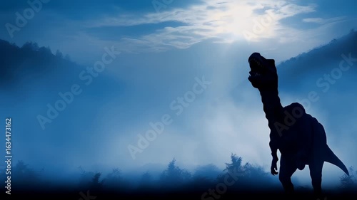 A silhouette of a dinosaur, possibly a Tyrannosaurus rex, set against a misty backdrop. The dinosaur is depicted in a dynamic pose, with its mouth open, showcasing its formidable teeth.