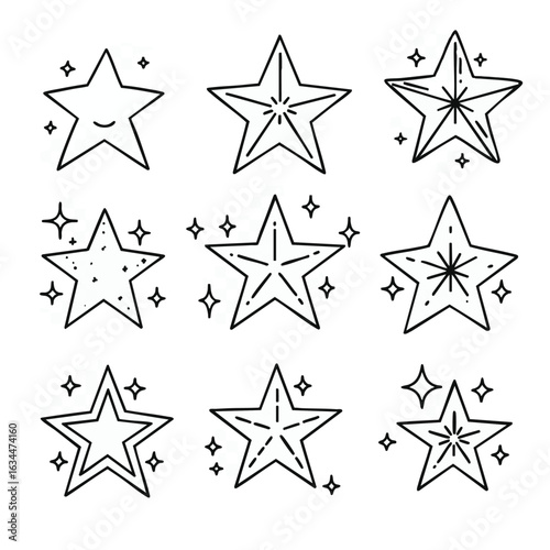 A collection of hand-drawn star icons in a simple doodle style. Set of nine celestial symbols with sparkles, isolated on white.