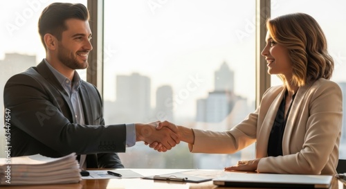 Handshake of Agreement: Two business individuals sealing a deal with a firm handshake, symbolizing collaboration and partnership. capturing the essence of trust and mutual respect.