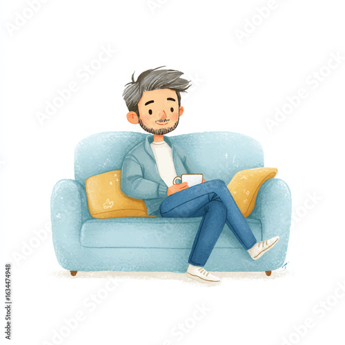 Relaxed man with salt and pepper hair on a light blue couch holding a mug