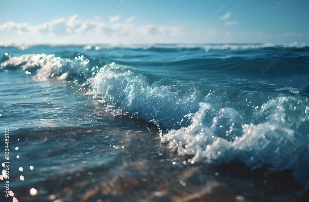 Fototapeta premium The serene beauty of ocean waves crashing onto the sandy shore under a clear blue sky, capturing the tranquility of nature.