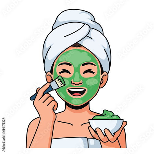 Happy woman applying a green facial mask at home, enjoying a relaxing beauty treatment.