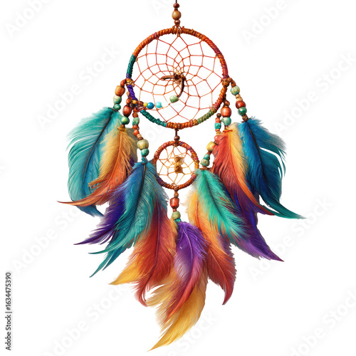 Colorful dreamcatcher with multiple circles and feathers