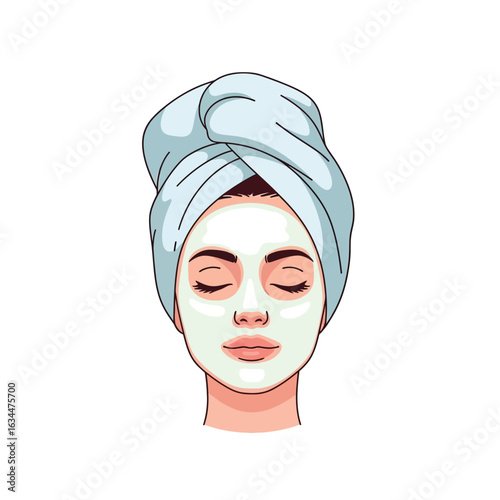 Woman with a facial mask and towel wrapped around her head, eyes closed.