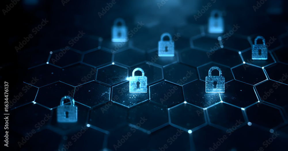 Fototapeta premium Futuristic digital locks on a hexagonal grid, symbolizing cybersecurity and data protection in the modern digital landscape.