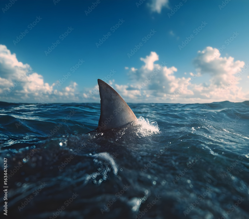 Fototapeta premium A shark fin rises above the tranquil ocean surface, with blue skies and scattered clouds, capturing the essence of marine life.
