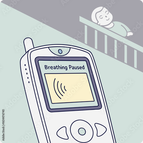 Baby Monitor Alerting Breathing Pause: Illustration of a Device Displaying a Warning Message with a Sleeping Infant in the Background