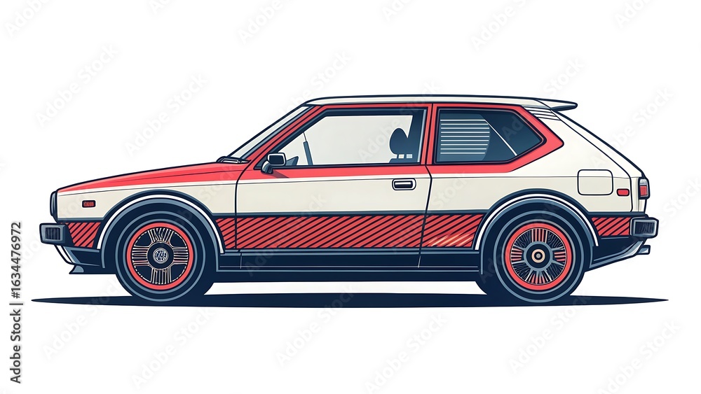 Obraz premium Retro 80s Style Red and White Hatchback Car Illustration on White Background, Vintage Compact Vehicle Design