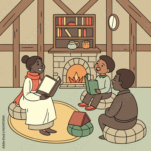 Black Family Enjoying Cozy Winter Night Reading by Fireplace