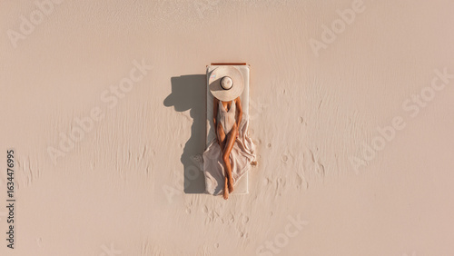 Top-down view of a woman in a straw hat lounging on a beach chair, surrounded by soft sand, ideal for summer, vacation, and lifestyle themes in marketing and design.  