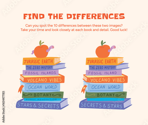 Visual puzzle activity for children. Spot the 10 differences between two book stacks with apple and worm on top. Fun observation game for school and preschool classroom learning. Vector illustration