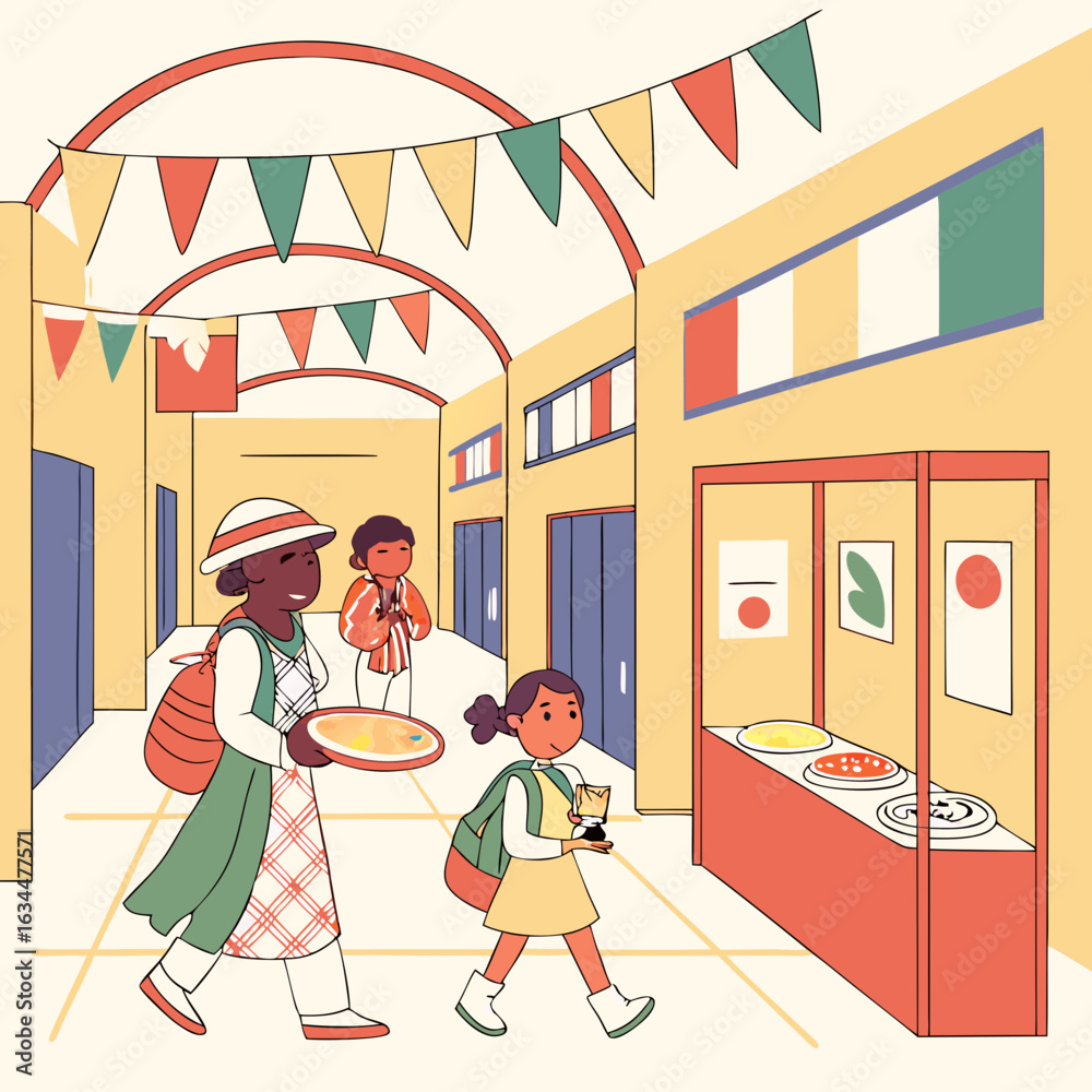 Obraz premium Children Walking Through School Hallway During Food Festival