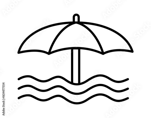 A simple line art illustration of a beach umbrella over wavy water, evoking a relaxed, summery vibe.