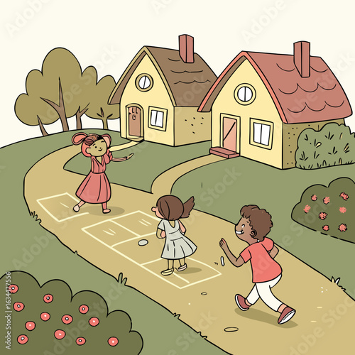Children Playing Hopscotch on a Path Near Colorful Houses