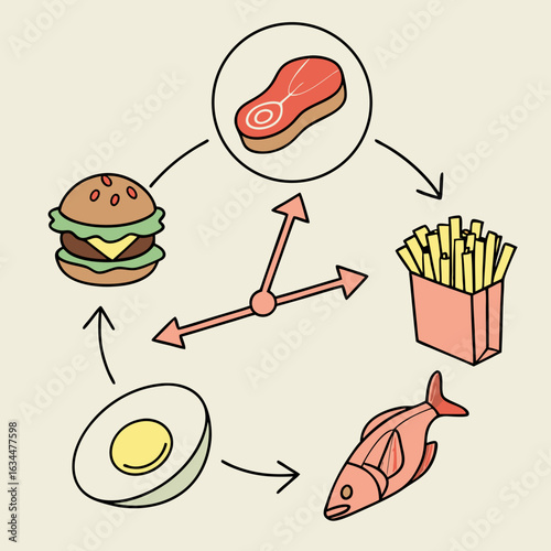 Circular Food Diagram: Burger, Steak, Fries, Egg, and Fish Illustration