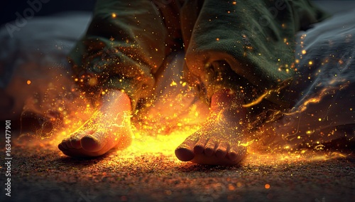 Child's feet ablaze with golden fire, in pajamas, on a bed