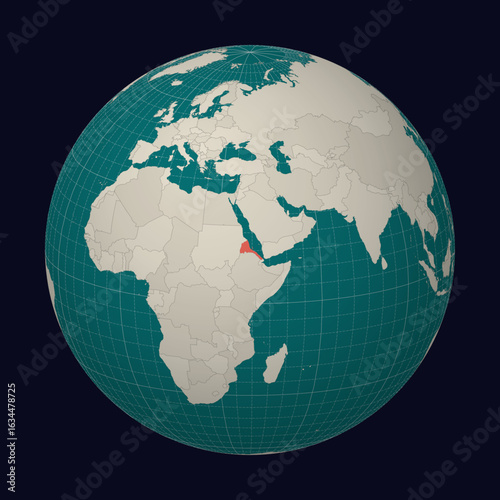 State of Eritrea on the map. Globe centered to Eritrea. Country location on the world map. Teal Pale Mint color palette. Globe with countries, meridians and parallels. Appealing vector illustration.