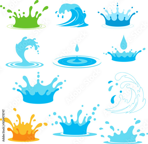 Water splashes logo, flowing liquid motion curves stripes swirls silhouettes set vector illustration, Wave logotypes