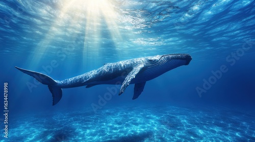 Majestic whale swims underwater, sunbeams
