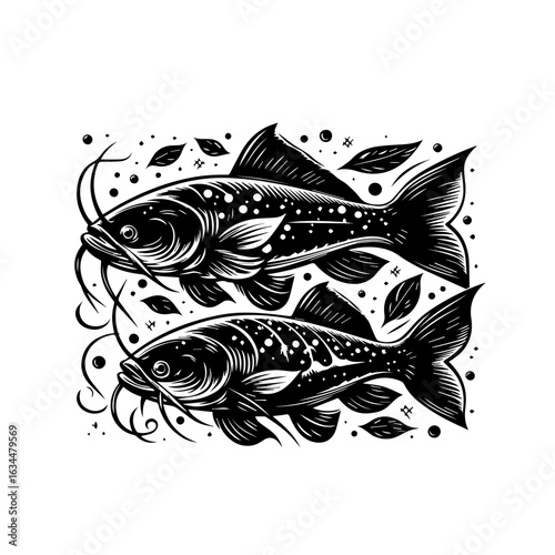 Black and White Stylized Fish Illustration.