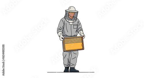 Beekeeper in protective suit carefully transporting honeycomb frame full of honey between apiary hives during golden hour sunrise