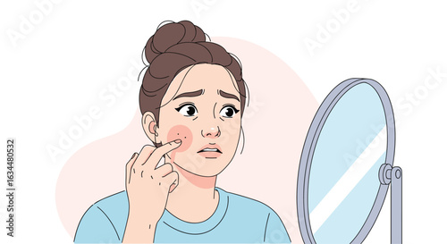 Young woman concerned about her skin looking red and irritated while examining her face in the mirror with a worried expression