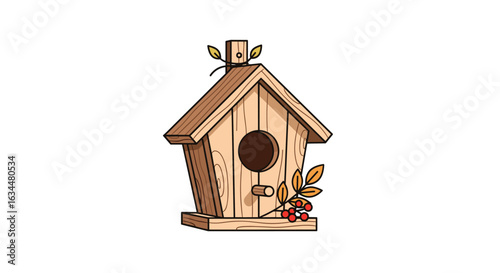 Charming wooden birdhouse with autumn leaves and berries providing a cozy shelter for feathered friends
