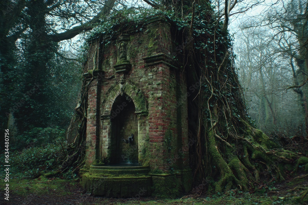 Obraz premium Old, mossy brick structure in a misty forest