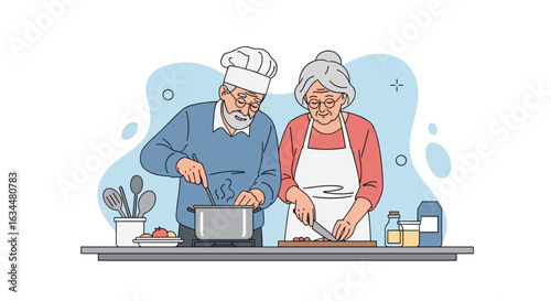 Elderly couple enjoying cooking together in a cozy kitchen atmosphere creating a delicious meal with fresh ingredients