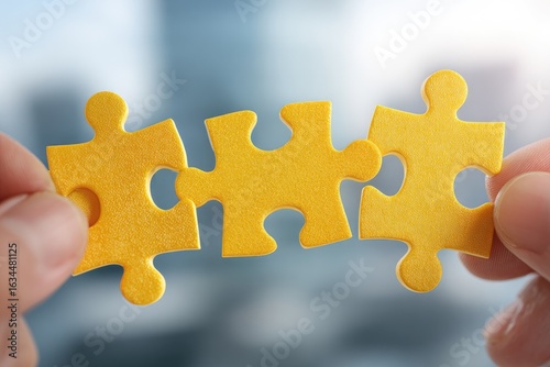 Close-up of hands holding three connected yellow puzzle pieces.  Blurred city background