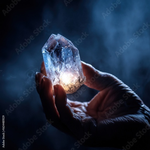 Close-up of a hand holding a glowing crystal against a dark background, using cinematic lighting effects to showcase the luxury and elegance of high-end jewelry style.
