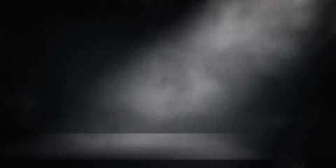 Black halloween background with smoke and spotlight. Dark podium stage backdrop for product placement mockup template. 3d render